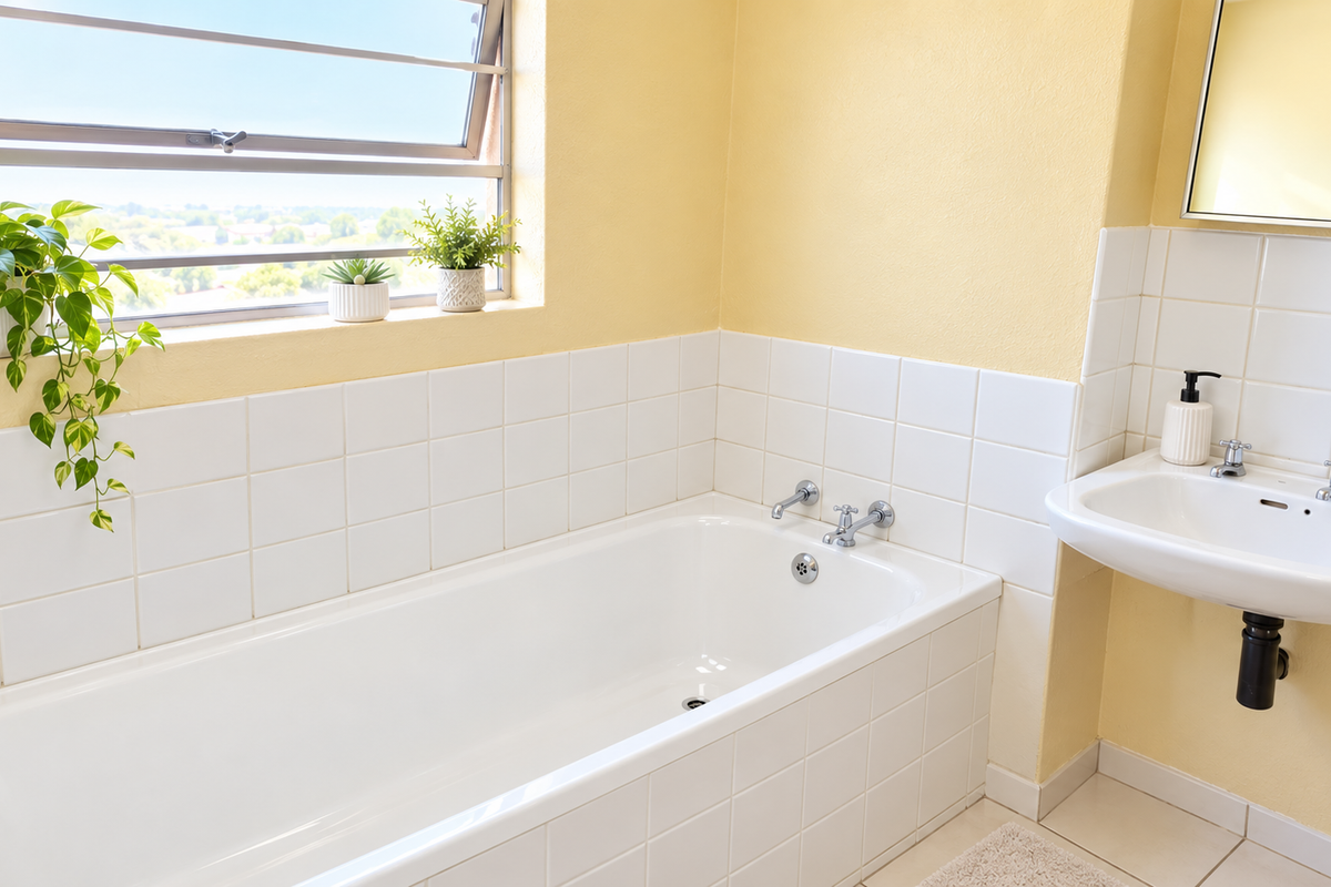 A bright bathroom featuring a white bathtub, wall-mounted basin, and tiled splashbacks, illuminated by natural light from a large louvre window.