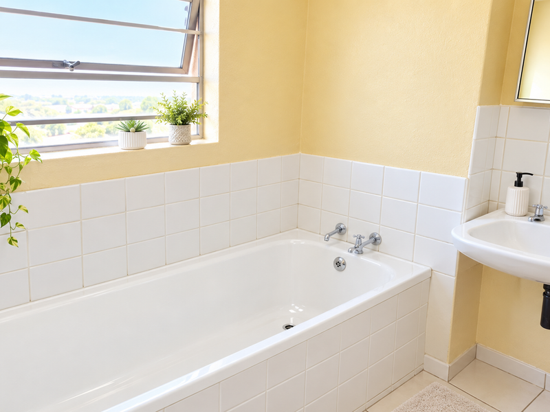 A bright bathroom featuring a white bathtub, wall-mounted basin, and tiled splashbacks, illuminated by natural light from a large louvre window.
