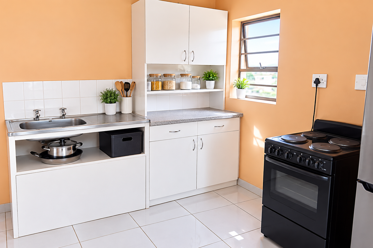 A functional kitchen featuring white cabinetry, a stainless steel sink, tiled backsplash, and a freestanding electric stove with tiled flooring.