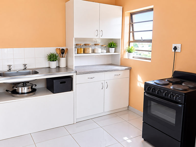 A functional kitchen featuring white cabinetry, a stainless steel sink, tiled backsplash, and a freestanding electric stove with tiled flooring.