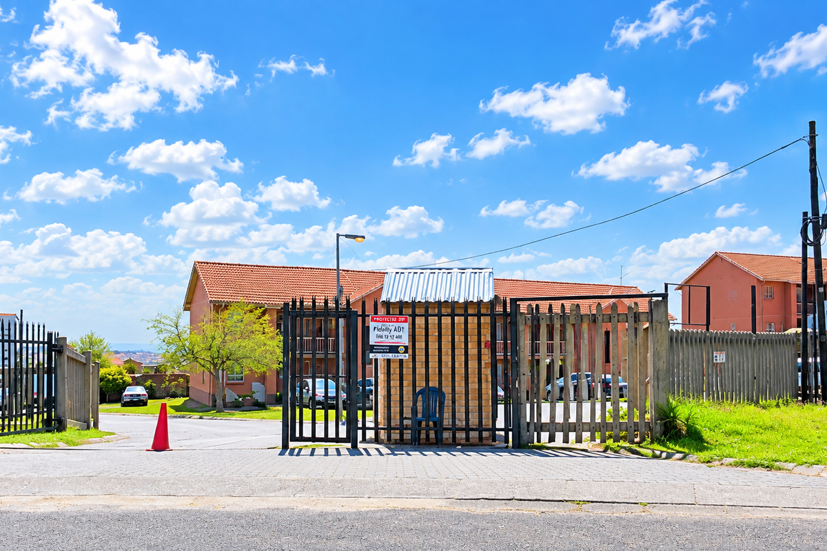 The entrance to the apartment complex features a secure gated access point with a guard house and perimeter fencing.