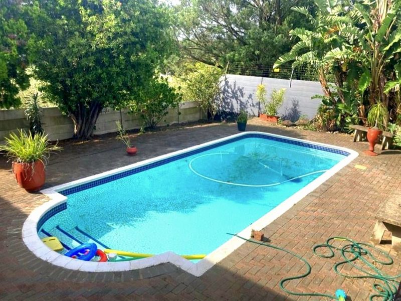 Outdoor swimming pool area featuring a paved surround, boundary wall, and established garden landscaping.