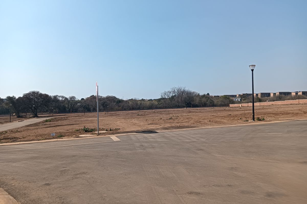 A vacant residential plot situated on a corner lot with paved road access and existing street lighting infrastructure.