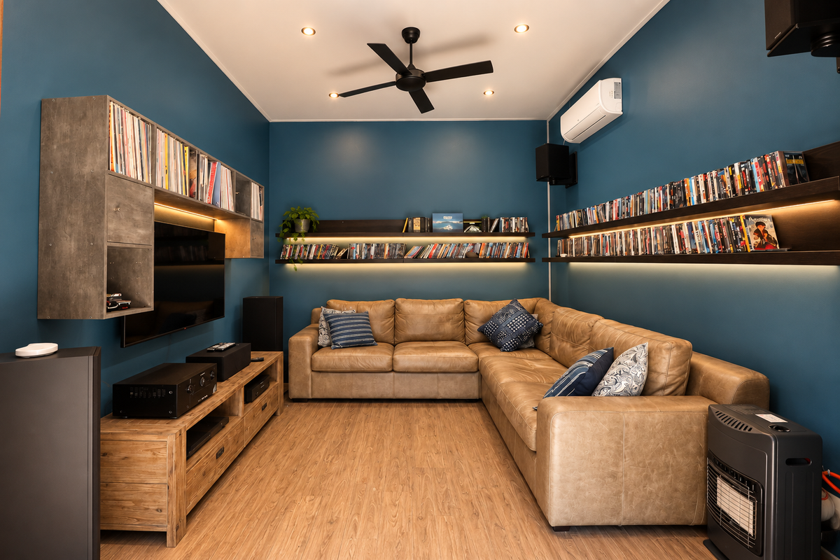 A well-appointed living room featuring blue accent walls, integrated shelving with ambient lighting, a ceiling fan, and modern split-system air conditioning.