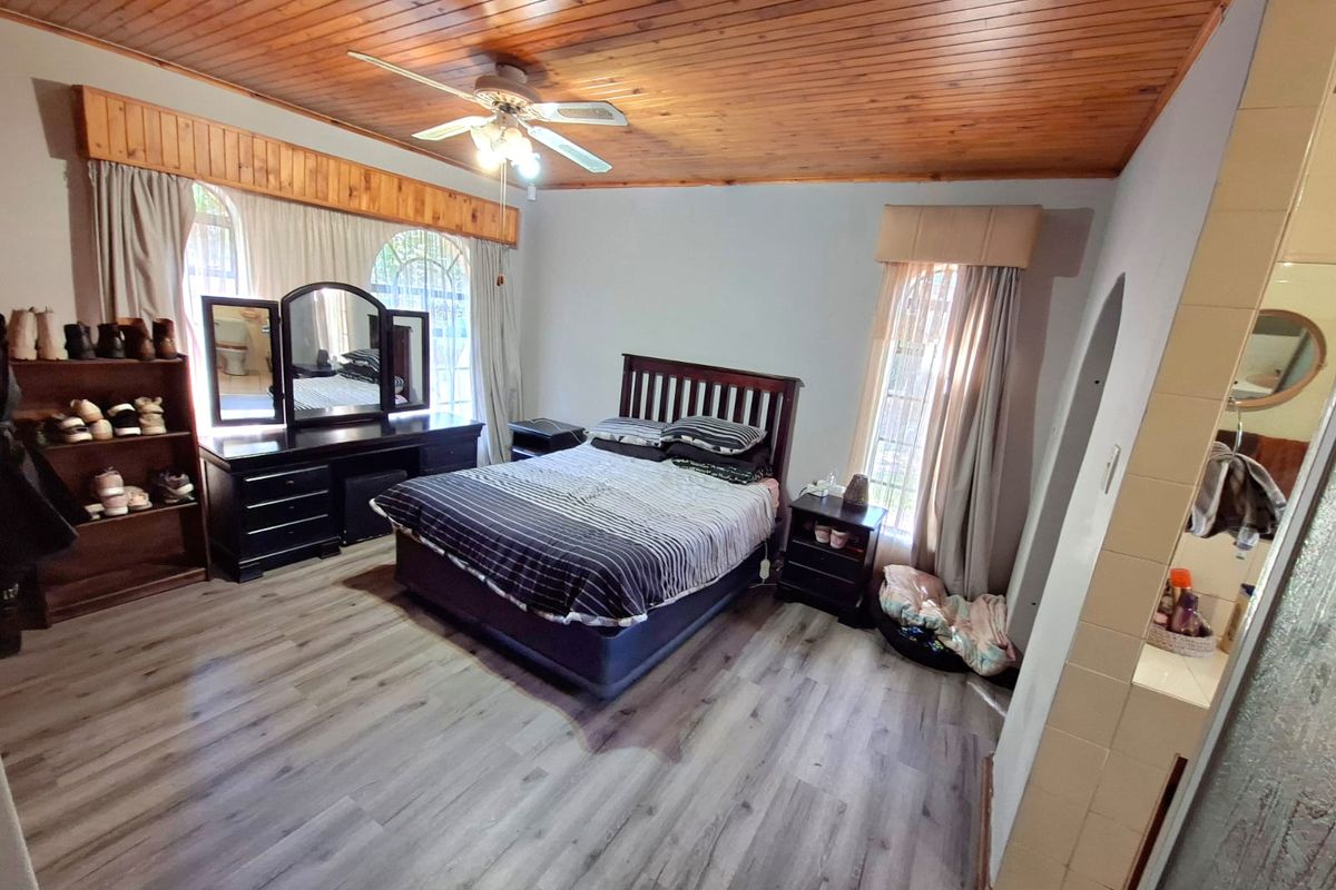 Spacious bedroom featuring a warm timber ceiling, ceiling fan, modern laminate flooring, and large arched windows allowing for natural light.