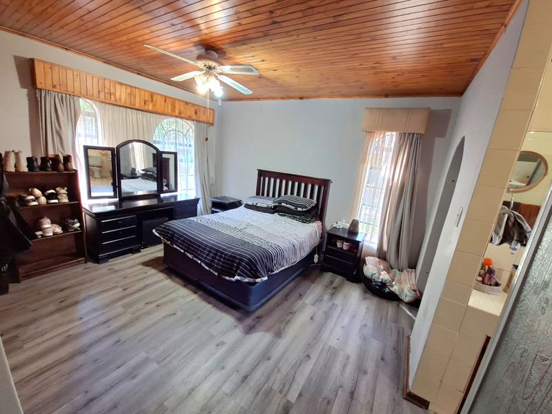 Spacious bedroom featuring a warm timber ceiling, ceiling fan, modern laminate flooring, and large arched windows allowing for natural light.
