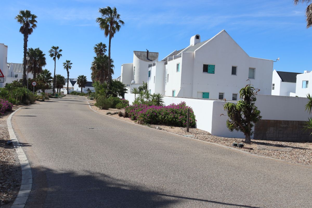 A street view of a residential estate featuring white architectural homes, paved roads, and established palm trees under a clear blue sky.