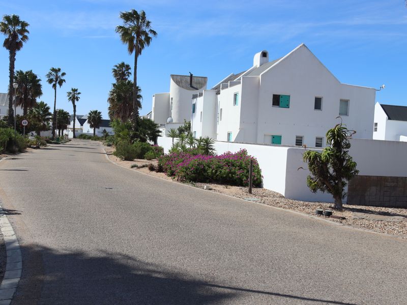 A street view of a residential estate featuring white architectural homes, paved roads, and established palm trees under a clear blue sky.