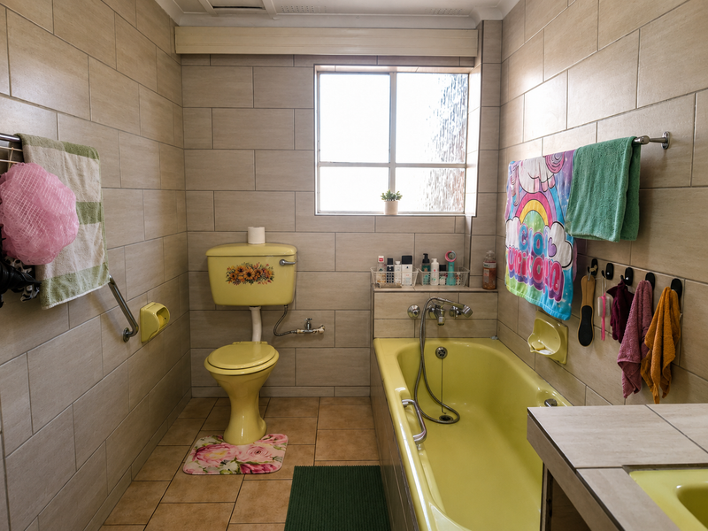 A bathroom featuring dated yellow sanitaryware, full-height wall tiling, and practical grab rails, offering a functional space with potential for modern renovation.