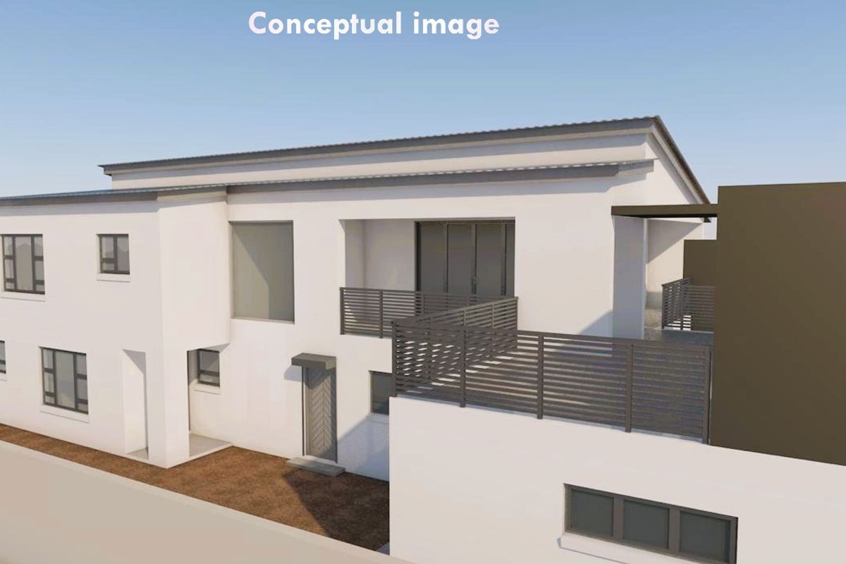 A 3D conceptual rendering of a modern residential building exterior featuring a balcony, clean white facade, and contemporary architectural design.