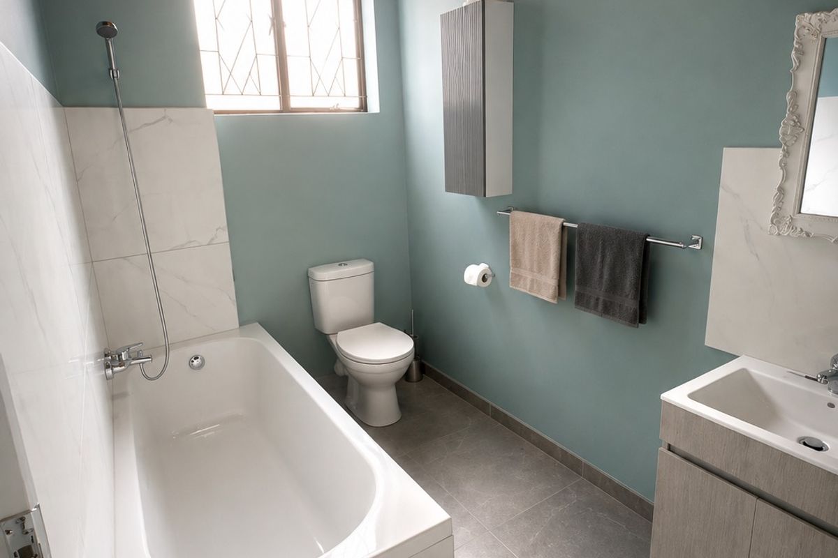 Modern bathroom featuring a bathtub with shower mixer, vanity cabinet with washbasin, toilet, and stylish timber ceiling finishes.