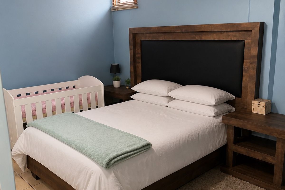 A bedroom featuring ceramic floor tiles, a timber-paneled ceiling, and a small casement window, providing a functional and cozy sleeping space.