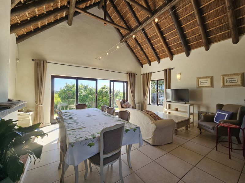 Spacious open-plan living and dining area featuring a high vaulted thatched ceiling with exposed timber rafters and large sliding doors leading outdoors.