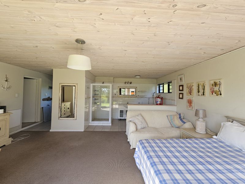 Spacious bedroom featuring a timber ceiling, carpeted flooring, and an integrated en-suite bathroom area with a shower and vanity.