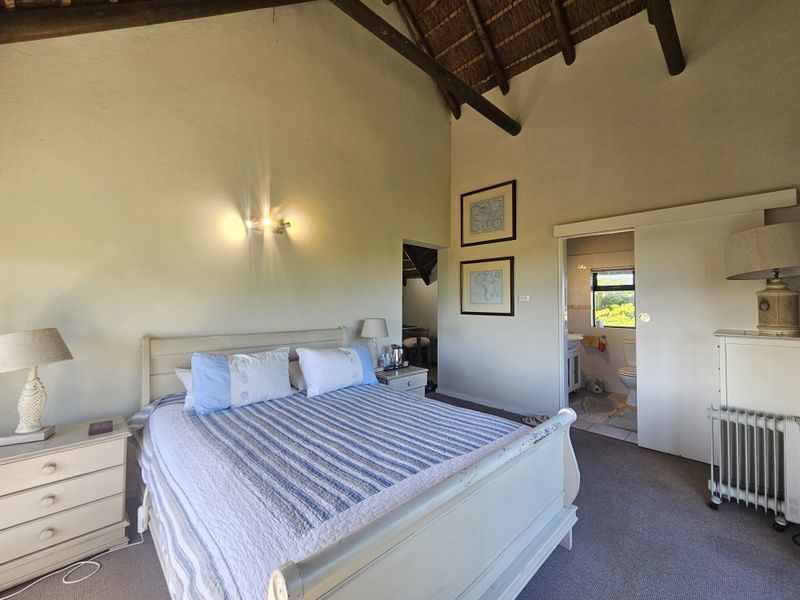A bedroom featuring a high vaulted thatched ceiling with exposed timber rafters and an adjoining en-suite bathroom accessed via a sliding door.
