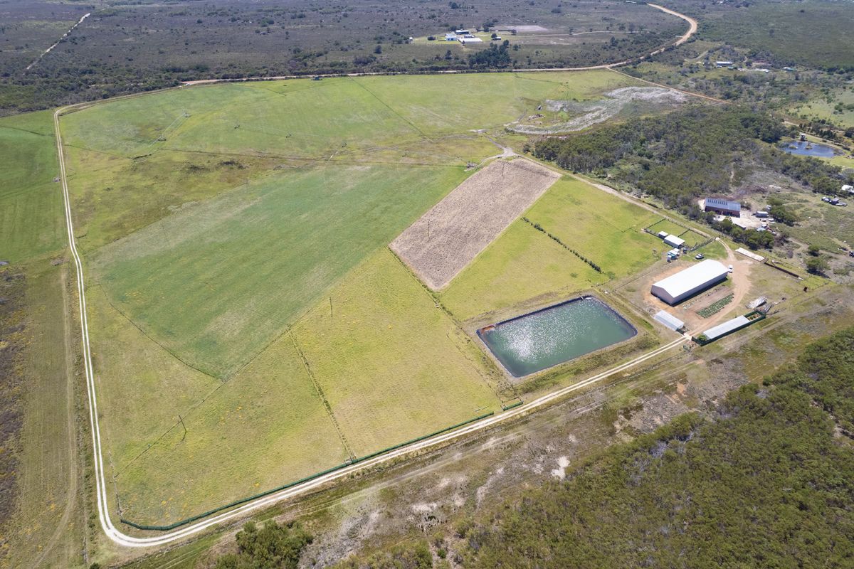 Aerial view of a large vacant residential land parcel featuring open grazing paddocks, a farm dam, and existing shed infrastructure.