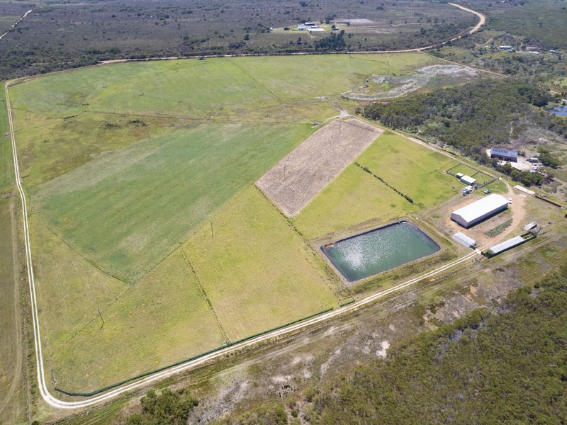 Aerial view of a large vacant residential land parcel featuring open grazing paddocks, a farm dam, and existing shed infrastructure.