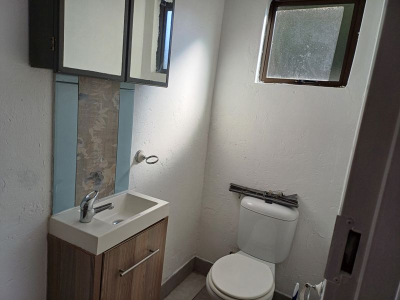 A compact bathroom featuring a vanity with basin, toilet, and medicine cabinet, requiring some cosmetic updates to the wall finishes.