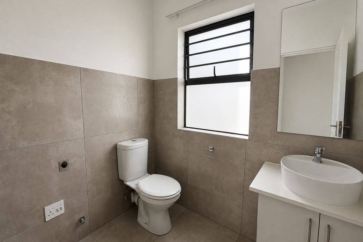 A clean, modern bathroom featuring neutral wall tiles, a vessel sink vanity, a wall-mounted mirror, and a toilet with a window for natural light.