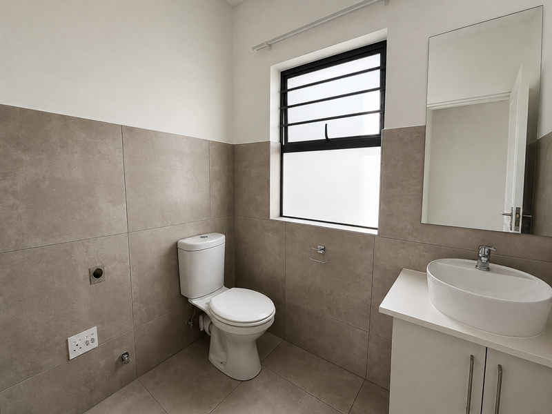 A clean, modern bathroom featuring neutral wall tiles, a vessel sink vanity, a wall-mounted mirror, and a toilet with a window for natural light.