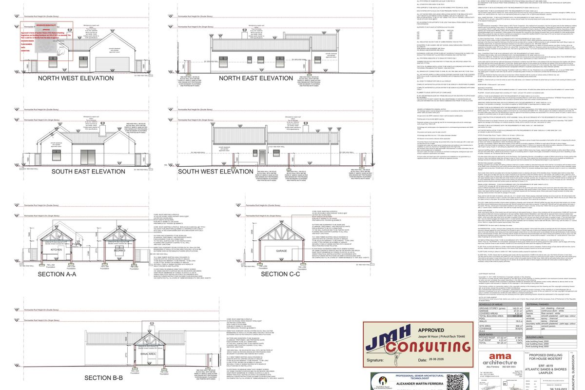 Architectural floor plan and elevation drawings for a proposed residential dwelling, including detailed construction notes and site area specifications.