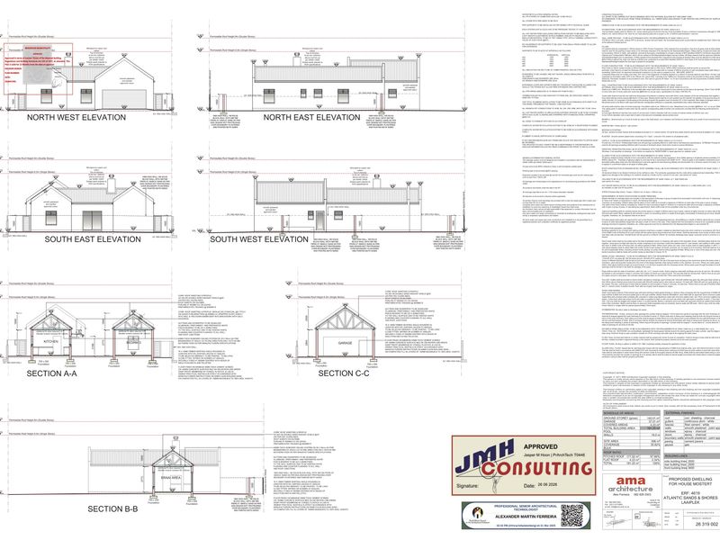 Architectural floor plan and elevation drawings for a proposed residential dwelling, including detailed construction notes and site area specifications.
