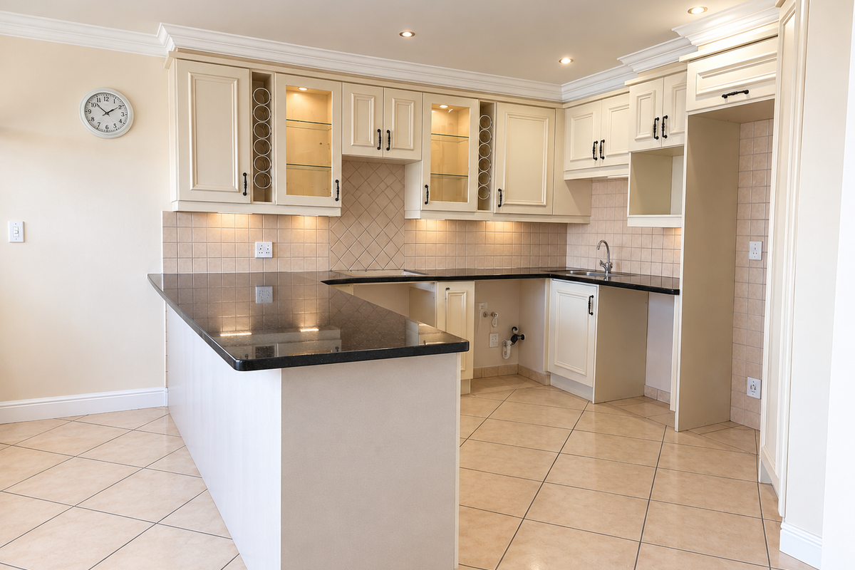 A clean, well-maintained kitchen featuring granite countertops, tiled backsplash, ample built-in cabinetry, and recessed lighting, offering a functional and bright workspace.