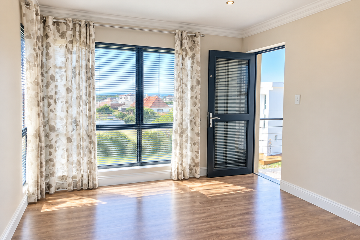 Bright and spacious bedroom featuring laminate flooring, recessed lighting, and direct access to a private balcony with scenic neighbourhood views.