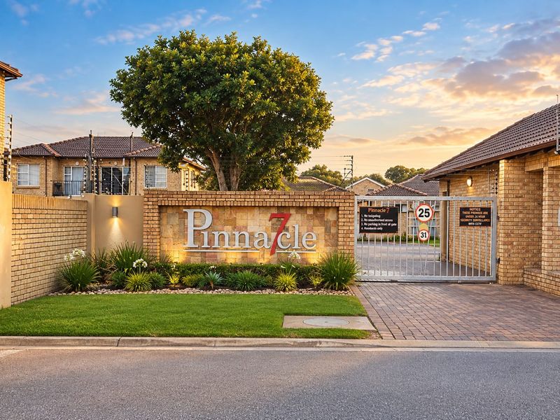 The secure entrance to Pinnacle 7 complex, featuring a brick facade, automated gate, electric fencing, and well-maintained landscaped garden.