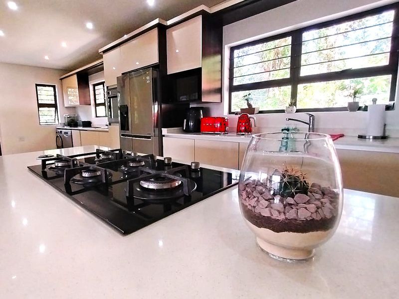 Modern kitchen featuring a large central island with a gas hob, sleek quartz countertops, and high-gloss cabinetry with integrated appliances.