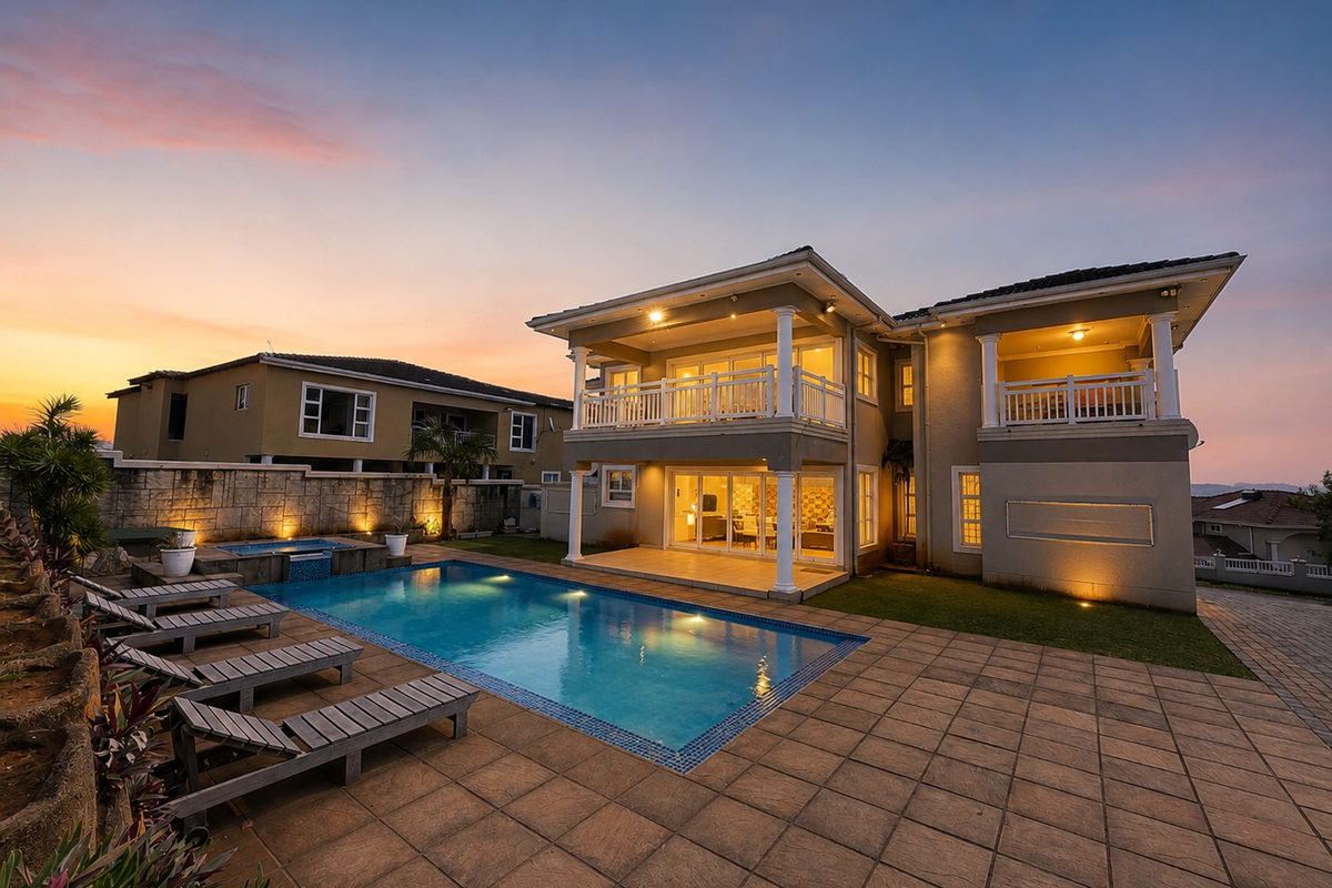 A beautifully presented rear exterior view featuring a swimming pool, spacious tiled patio, and upper-level balconies at dusk.