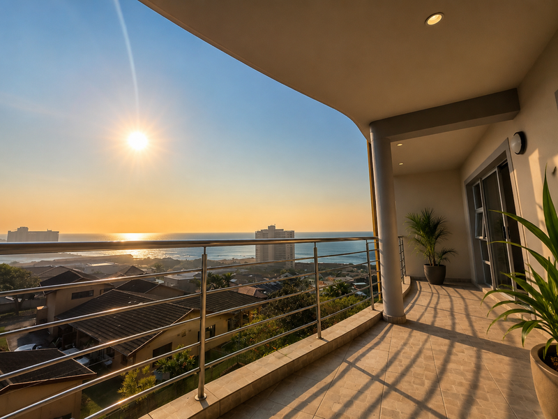 A spacious covered balcony featuring tiled flooring, a modern stainless steel balustrade, and stunning sunset ocean views.