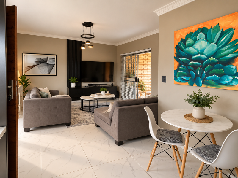 A bright open-plan living and dining area featuring modern marble-look floor tiles, crown molding, and a stylish vertical slat feature wall.