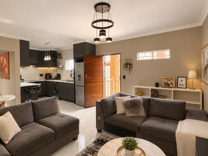 Modern open-plan living area featuring a sleek kitchen with dark cabinetry, marble-look flooring, and a bright, functional layout connecting to the living space.