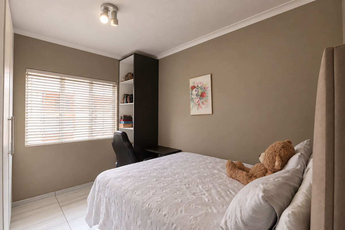 A well-maintained bedroom featuring neutral wall tones, tiled flooring, built-in wardrobe, and a functional built-in shelving unit with integrated desk space.