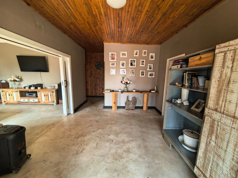 Spacious living area featuring a warm timber tongue and groove ceiling, polished concrete floors, and rustic timber wall accents.