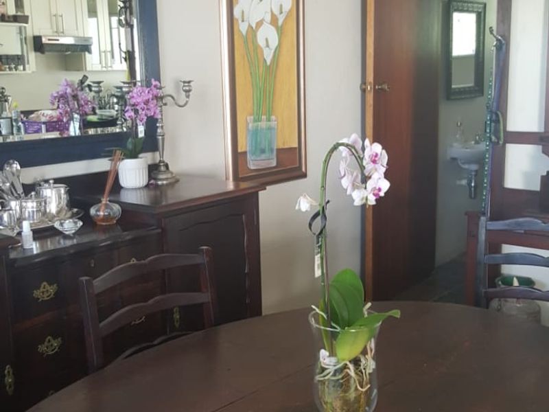 A dining room area featuring traditional interior finishes, with a view through to an adjacent room and kitchen area.