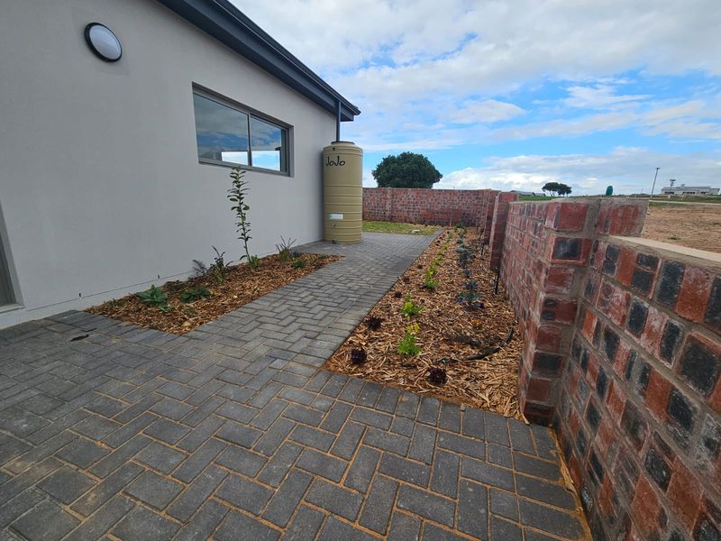 A neat rear exterior area featuring a paved walkway, brick boundary wall, and a functional water storage tank alongside mulched garden beds.