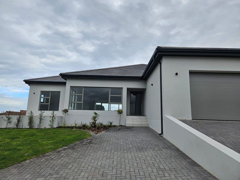 Modern single-story home exterior featuring a paved driveway, integrated garage, and clean architectural lines with contemporary aluminium window frames.