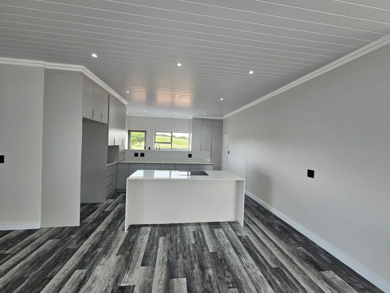 Modern, open-plan kitchen featuring a central island with a built-in cooktop, sleek cabinetry, and contemporary wood-look flooring under a clean tongue and groove ceiling.