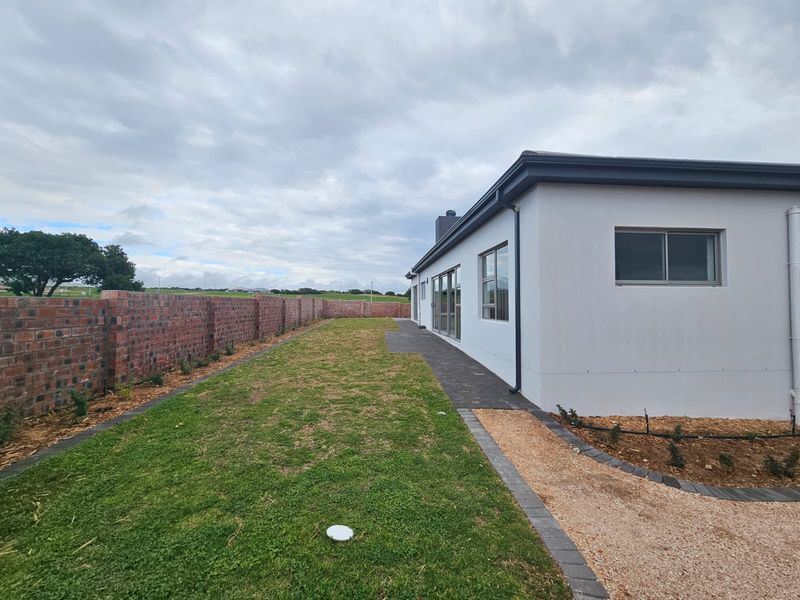 Rear exterior view of the property featuring a paved walkway, landscaped lawn, and a brick boundary wall.