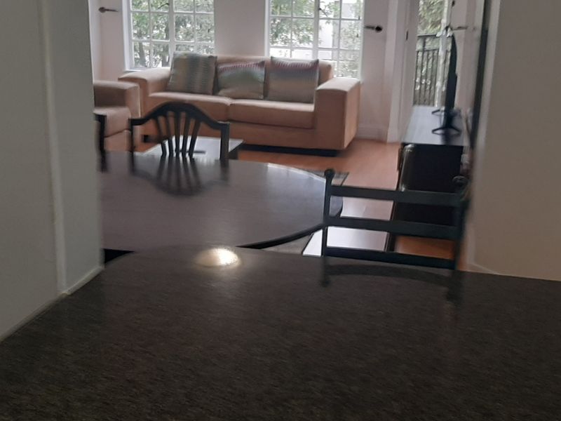Open plan living and kitchen area featuring granite countertops and laminate flooring with natural light from large multi-pane windows.