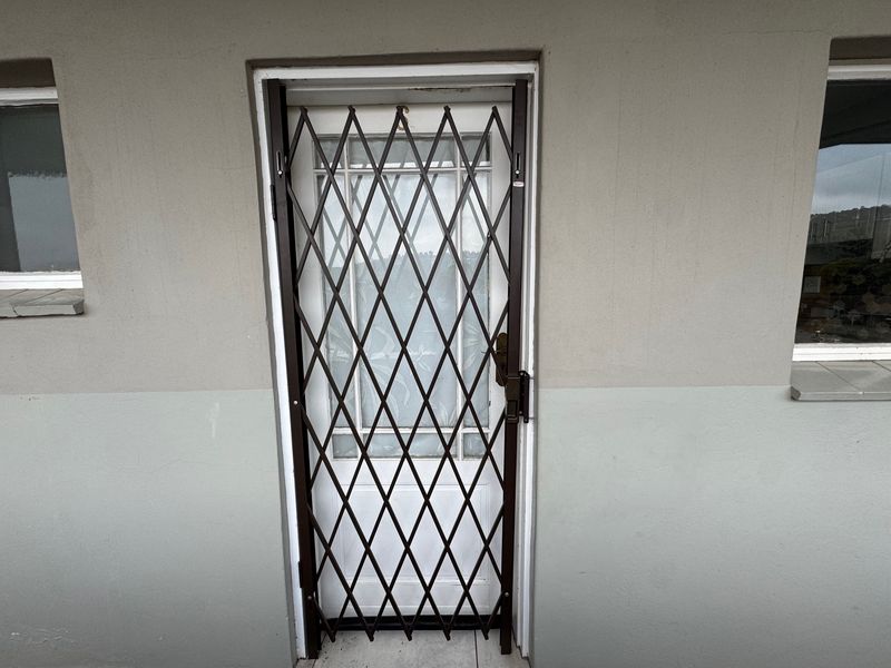 Exterior view of a rear door featuring a metal security gate and adjacent windows on a painted masonry wall.
