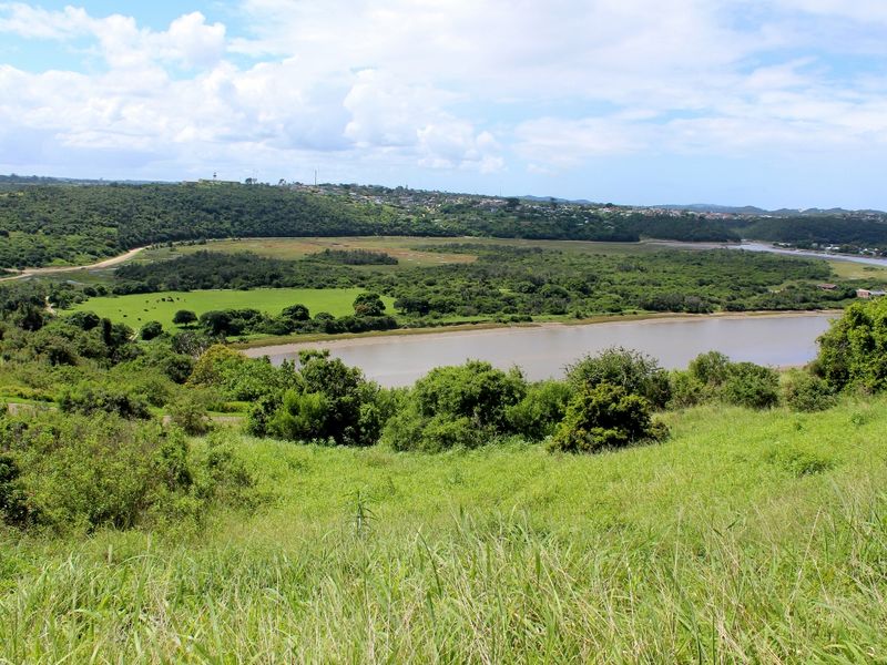 A scenic elevated view overlooking a river, lush green landscape, and distant residential area.