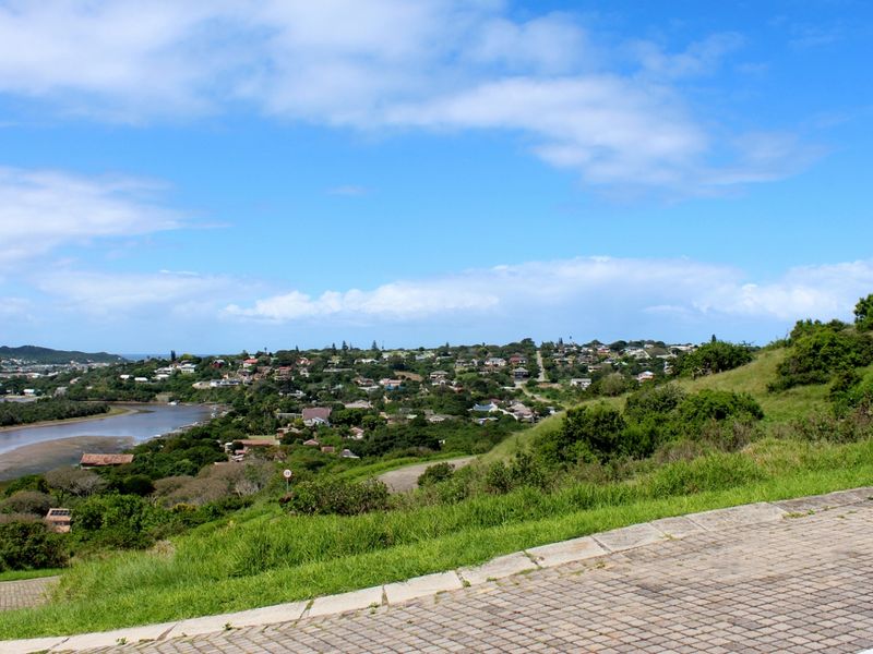 A scenic elevated view overlooking a coastal residential area, river estuary, and surrounding natural landscape from a paved street.