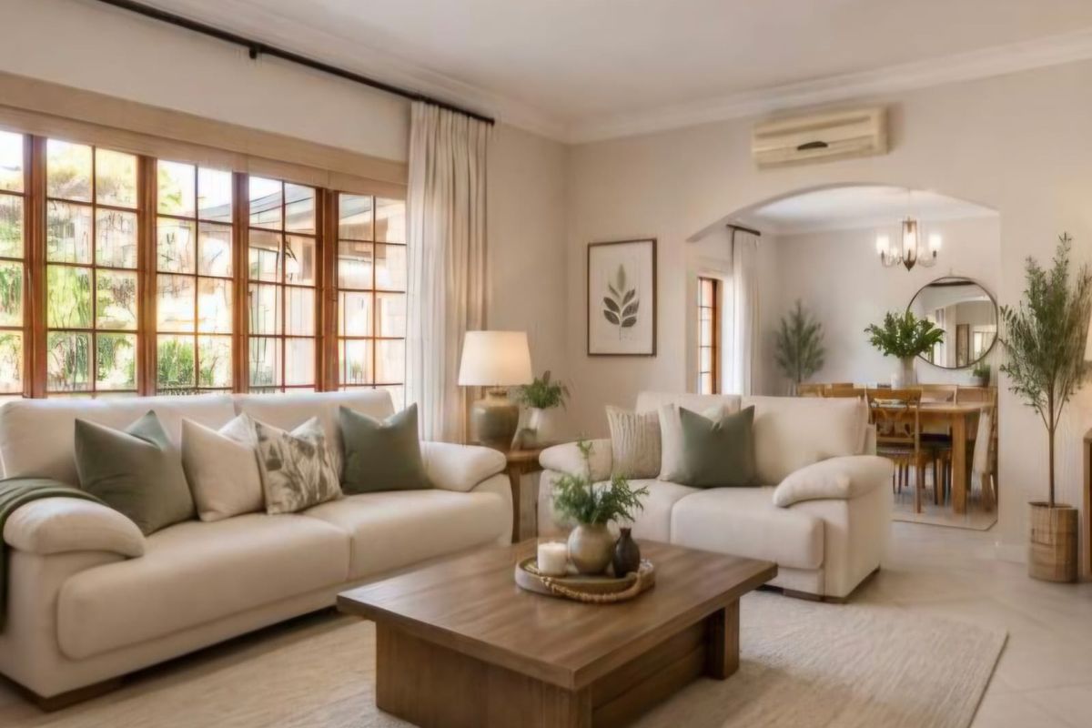 A bright and inviting living room featuring timber-framed windows, elegant crown molding, and an open archway leading to the dining area.