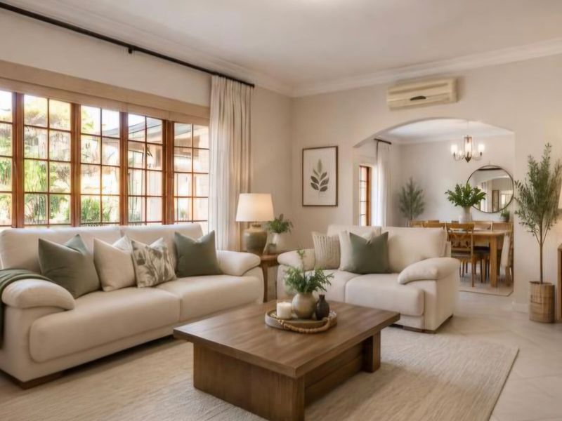 A bright and inviting living room featuring timber-framed windows, elegant crown molding, and an open archway leading to the dining area.