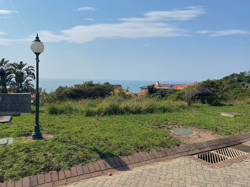 A scenic view of the ocean and surrounding landscape from a residential plot, featuring a paved verge and street lighting.