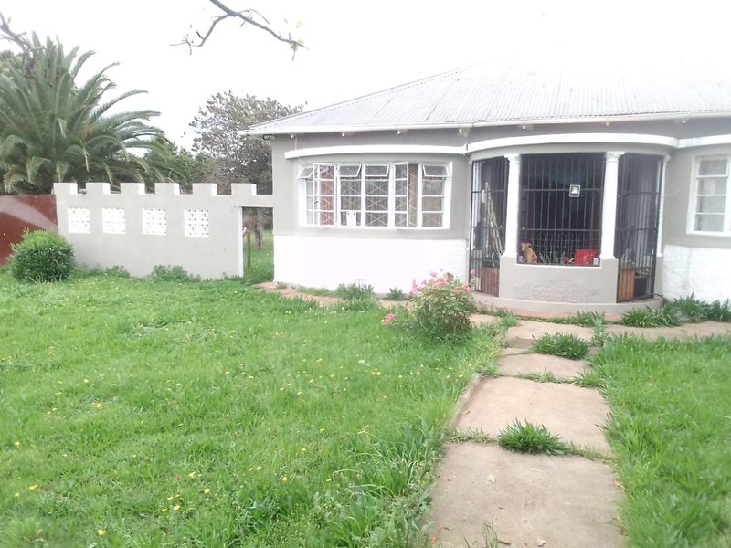 Rear view of a house featuring a corrugated metal roof, security bars on windows, and a concrete pathway leading through a garden area.