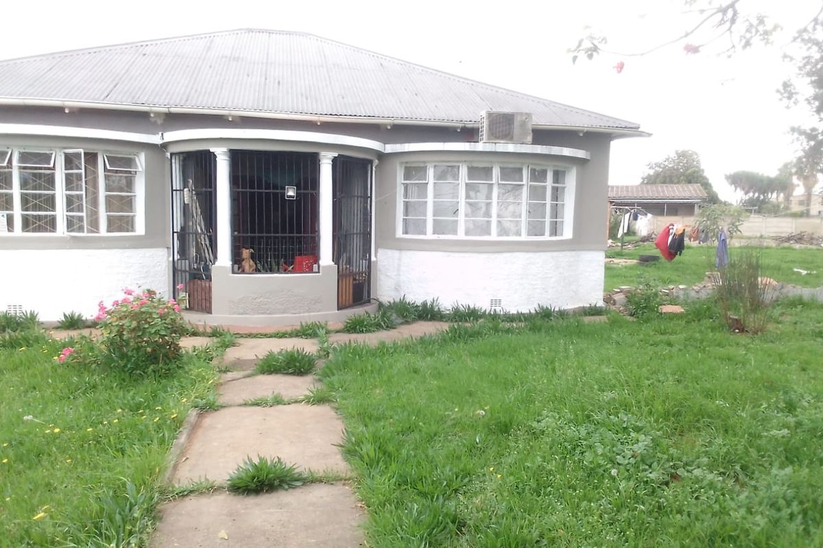 Rear view of a single-story house featuring a corrugated metal roof, bay windows with security bars, and a concrete pathway leading to the garden.
